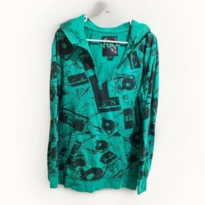 Vurt Skate Streetwear Hooded Shirt Mens Size Large AOP Stereo DJ Green